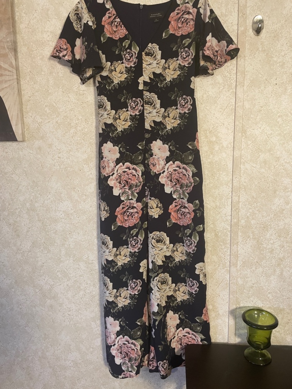 Tahari Blue Floral Jumpsuit with Pink and Cream Roses